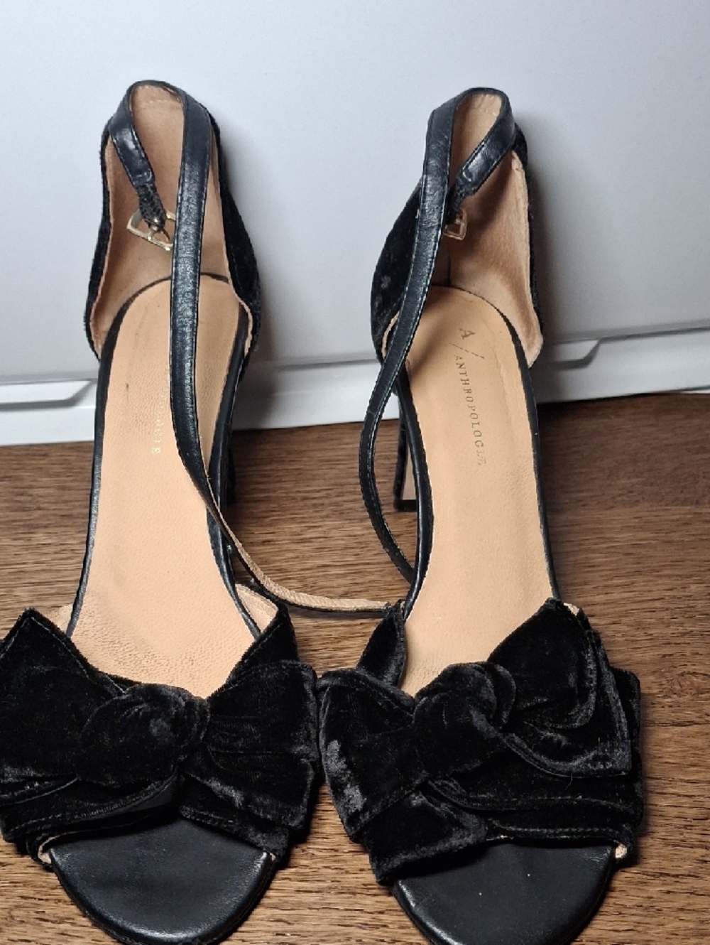 Anthropologie Black Velvet Bow Ankle-Strap Heels - Picture 3 of 7